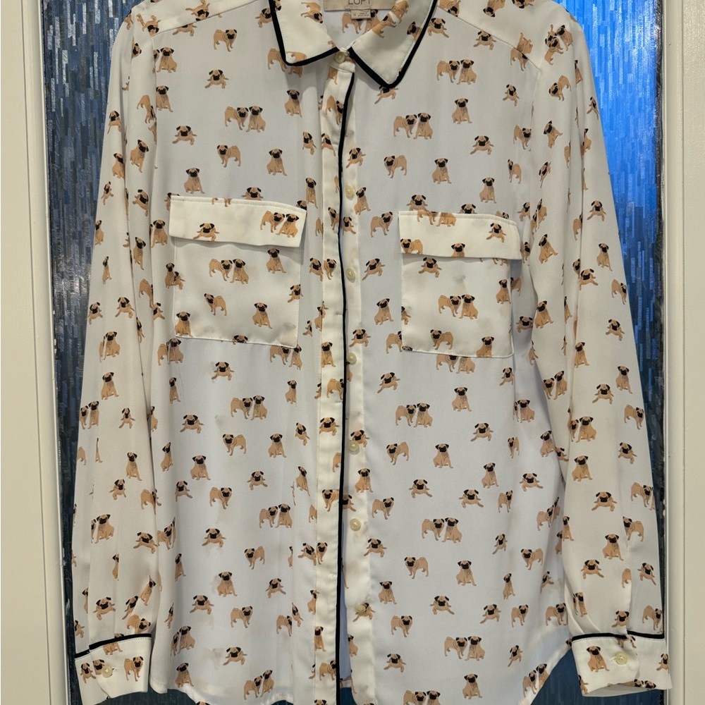 Print Button-Up Blouse pugs